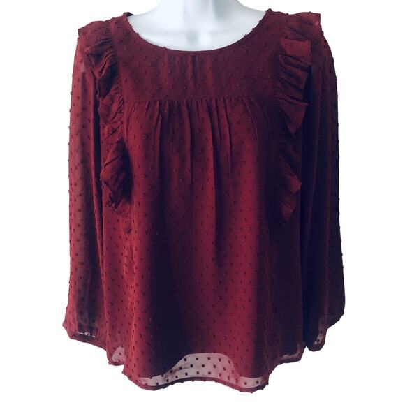 J. Crew Factory Women's 4 Swiss Dot Ruffle Front Top Burgundy Blouse Career - Picture 1 of 8